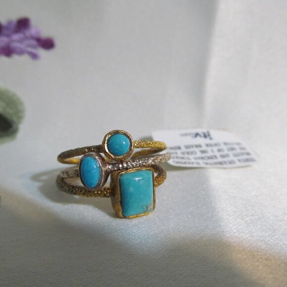 Tehya Oyama Sleeping Beauty & Kingman Turquoise 18K Gold & S over Brass 3 Rings - Picture 3 of 15